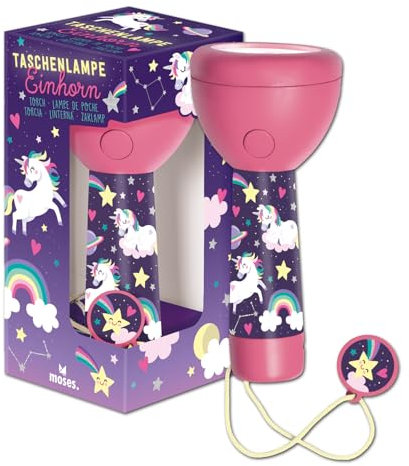 moses. Einhorn Taschenlampe, kompakte und robuste Kindertaschenlampe mit 4 LEDs, wiederaufladbare Akku Taschenlampe mit Deko-Anhänger, Geschenk für Kinder ab 4 Jahren, Pink