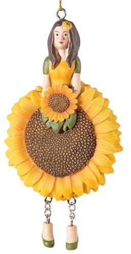 Blumenmädchen-Figur Soleil zum Aufhängen, 12 cm Höhe, handbemalt, Kunststein, dekorative Engelsfigur mit Sonnenblumen-Motiv