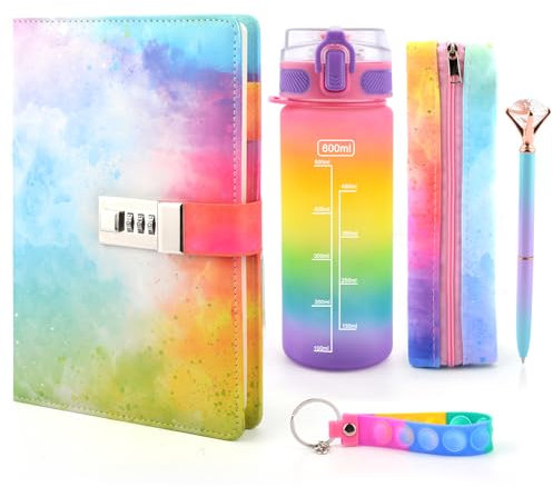 Secret Diary for Girls Water Bottle, Gifts for Girls 8 9 10 11 12 13 14 Year Old, Birthday Girls Teenagers Age 6-14, Back to School Stationary Lockable Journal Notebook Diary with Lock Pen
