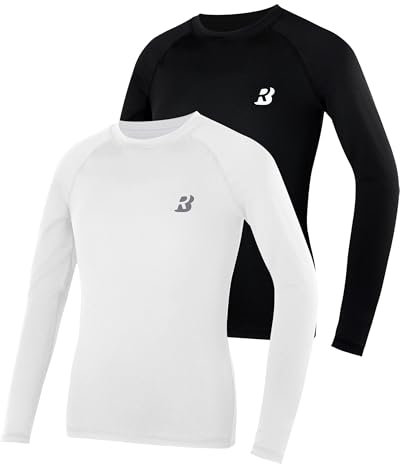 Roadbox Boys Long Sleeve Compression Shirts 2-Pack, Kids Base Layer, Quick Dry, Breathable Sports Top for PE, Football