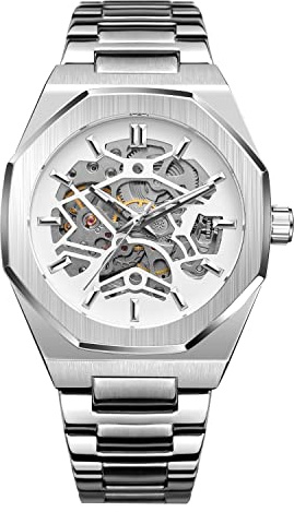 BOLYTE Montre Homme Automatique Mécanique Squelette, Boîtier Octogonal, Bracelet en Acier Inoxydable, Design Coeur Ouvert, Choix de Couleurs pour Tenues Décontractées et Formelles