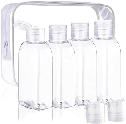 4 Pcs Travel Bottles for Toiletries, 100ml Portable Travel Containers with Storage Bag & White Label, Leakproof and Refillable Clear Bottles for Toiletries,Soap,Shampoo and Conditioner