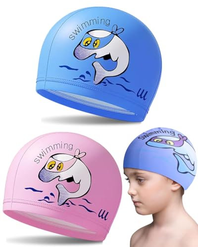 BPTRKOM 2 gorros de baño infantiles - Diseño de dibujos animados en poliéster elástico - Ideales para niños y niñas de 1 a 8 años (Azul + Rosa)