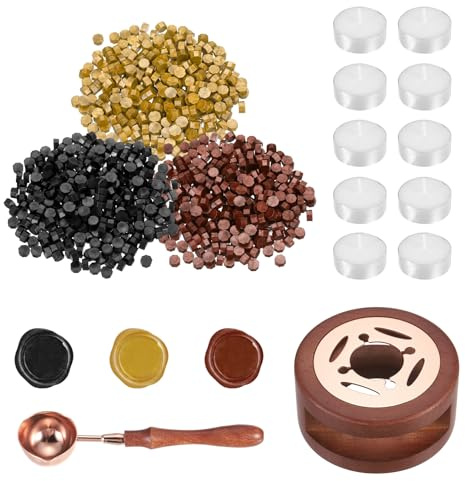 PATIKIL Wax Seal Kit, 300 Pcs Wax Sealing Beads, Wooden Warmer, Melted Spoon, 10 Pcs Tealight Candles for Envelope Letter Mailing Crafts DIY, Black/Gold/Red Gold
