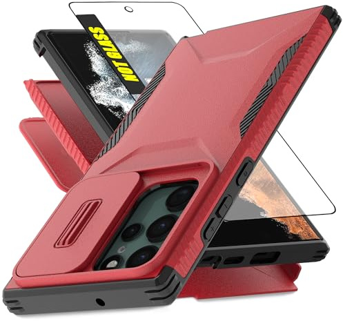 AWZHYDT for Samsung Galaxy S22 Ultra 5G Case | Built-in Slide Camera Cover & Screen Protector [2 in 1] Heavy Duty Rugged Shockproof Protective Cover for Galaxy S22 Ultra(Red)