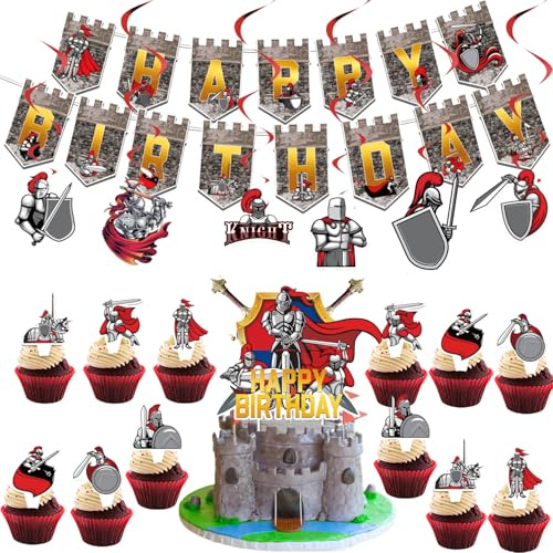 Mittelalterliche Ritter-Themen-Geburtstagsparty-Dekoration, Kindergeburtstagsparty-Set, inklusive „Happy Birthday“-Zugring, Kuchenaufsatz und Hängedekoration.