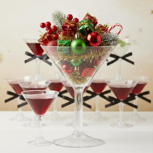 Qinyoung 29 Pcs Martini Glasses Set 2 Giant 48oz Plastic Cup 25 Pcs 5oz Disposable Shrimp Cocktail Cup with 2 Black Ribbons Jumbo Large Martini Decor for A Tini Bit Older Birthday Xmas Wedding Party