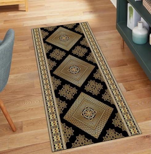 QQrunner rutschfest Teppich Läufer Flur, Abstrakt Gelb Schwarz 100x450CM Kücheteppich Waschbar Teppichläufer Meterware Lang Korridor Polyester Wohnzimmer Schmutzfangmatte