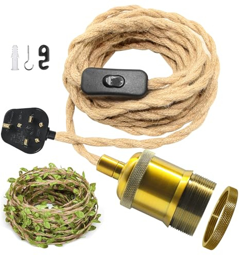 ZRLXFM Hemp Rope Pendant Light Kit with Plug, Bronze E27 Metal Lamp Holder with 510 CM Cable and Switch, Vintage Plug in Hanging Lighting Fitting with 5M Green Leaf Hemp Cord Decoration for DIY