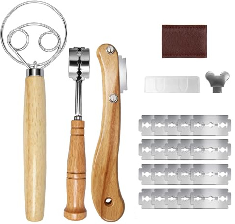 Veftsvy 3 Stück Bäckermesser Set - Dänischer Schneebesen Teigmesser Brotmesser mit 20 Ersatzklingen für Gerade und Schräg Schnitte, Ideal als Brot Backen Zubehör für Baguette, Brötchen und Backen