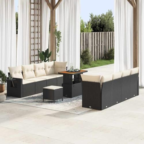 Mandloder Gartensofa-Set 11-teilig, Schwarz Poly Rattan, Modular, Höhenverstellbarer Tisch, UV-beständig, für Terrasse und Balkon, Outdoor Möbel