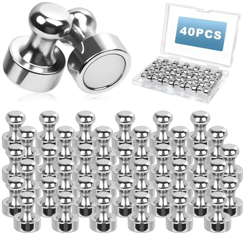 40 Packs Fridge Magnets, 16 mm x 12 mm Neodymium Magnets with Handle, Extra Strong Magnetic Push Pins, Silver Mini Magnets for Pin Boards, Office, School, Fridge, Notice Boards