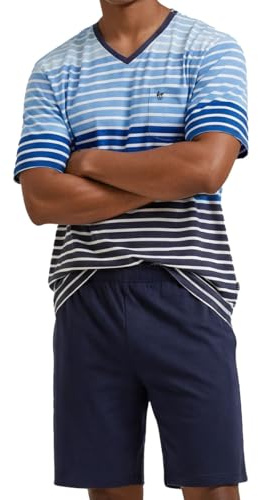 hajo Klima Komfort Herren Schlafanzug Set – Gestreiftes Kurzarm T-Shirt & Kurze Hose mit elastischem Gummizug – Bequeme, atmungsaktive Baumwollmischung für erholsame Nächte