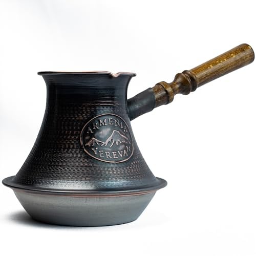 Handmade Armenian Coffee Pot Maker 9.1 Fl Oz Copper Jazva Ararat Turkish Arabic Greek Cezve Jezve Ibrik Turka Jazve Wooden Handle (3 Cup (9 US fl.oz))