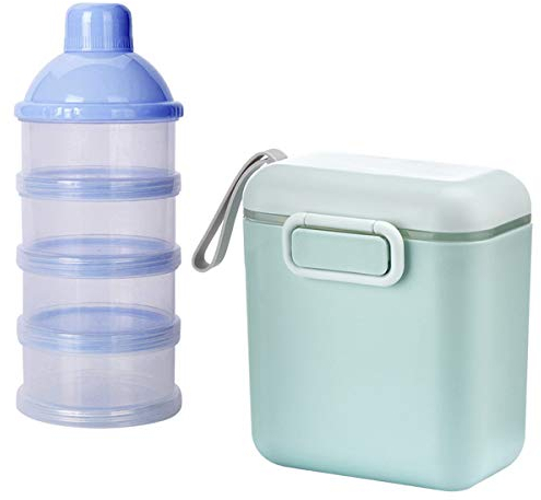Milch Pulver Spender,Xiuyer Formel Milchpulver-Portionierer für 4 Schicht & 800ml Tragbare Milchkasten Säuglingsnahrung Behälter mit Schaber Löffel für Zuhause Reise(Blau & Grün)