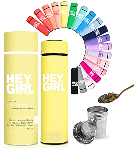 Hey Girl Tea Infuser Bottle 450ml - Insulated Stainless Steel Water Bottle - Thermos Tumbler With Diffuser - Portable Travel Mug for Loose Leaf Tea & Infused Water - Gifts for Women