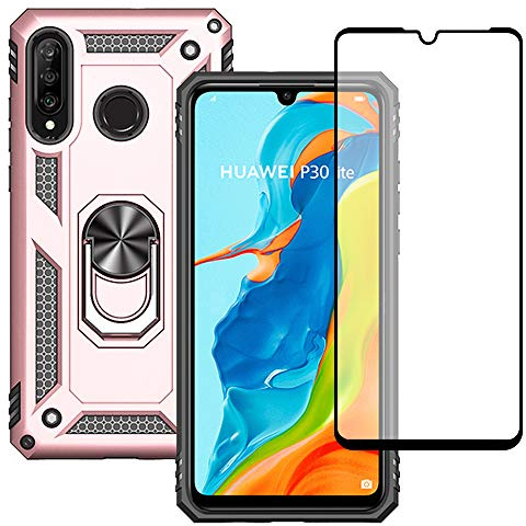 Cover per Huawei P30 Lite Con Proteggi Schermo, Custodia Slim Silicone Bumper Antiurto Telefono Case con Kickstand per P30 Lite (Oro rosa)
