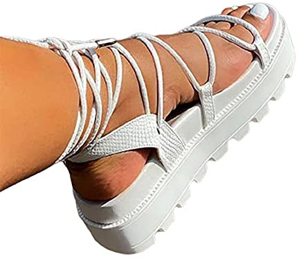 SHADIOA Sandalias de Mujer, cuñas, Zapatos de Plataforma para Mujer, Zapatos de Playa con Punta Abierta, Sandalias Romanas con Cordones para Mujer,Blanco,37
