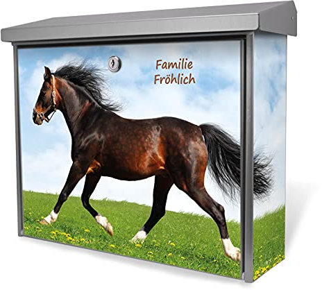 banjado® Burgwächter Briefkasten Edelstahl 38,5x31,5x12cm mit Motiv Pferd/Briefkasten Edelstahl ohne Zeitungsfach/Briefkasten grau/Postkasten inkl. Montagematerial & 2 Schlüsseln