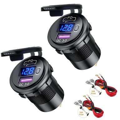 Thlevel 12V USB Steckdose Auto Ladegerät KFZ QC3.0 PD Type C mit LED Voltmeter Switch für 12V-24V Fahrzeuge Boot Motorrad SUV Bus LKW Wohnwagen Marine