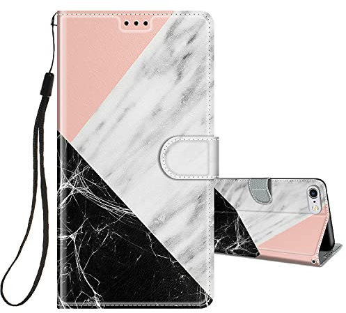 HopMore Flip Case for iPhone 6S / 6 Phone Case Protective Wallet Case for Girls Women Boys, PU Kickstand Card Slot Holder Silicone Bumper 360 Degrees Shockproof Cover - Marble