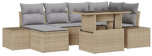Foknhdi Gartensofa Set 7 Sitzer Beige Hellgrau Poly-Rattan Eckbank mit Stauraum Höhenverstellbarer Gartentisch Modernes Design Robust für Balkon Terrasse und Garten
