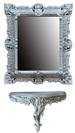 Generisch Lot de 47 miroirs muraux argentés et blancs + console M rectangulaire, console murale, style baroque, 44 x 38 cm, pour couloir, entrée, meubles, console, étagère, miroir