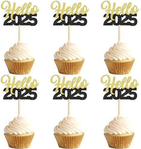 30 Stück Glitzer Happy New Year Cupcake Topper 2023 Gold Schwarz Cupcake Topper Cheers to 2023 Cake Picks for Silvester Party Dekoration (Hallo)