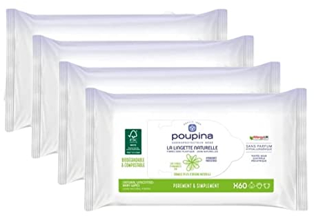 POUPINA - Lingettes bébé Naturelles x60 - Sans Parfum, Hypoallergéniques - Hydratantes et Protectrices - Fibre 0 plastique 100% Naturelle - Vegan - 99,6% d'ingrédients d'Origine Naturelle - Lot de 4
