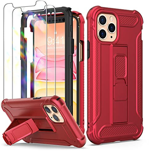ORETECH Designed for iPhone 11 Pro Max Case, and [2 x Tempered Glass Screen Protectors] [Built-in Kickstand] Shockproof iPhone 11 Pro max Case 360 Full Body Protective Silicone TPU Bumper Cover - Red