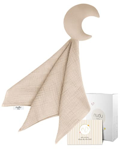 nudu Doudou pour bébé en mousseline 100 % coton - Doudou lune + carte cadeau - Pour fille et garçon - Beige/taupe