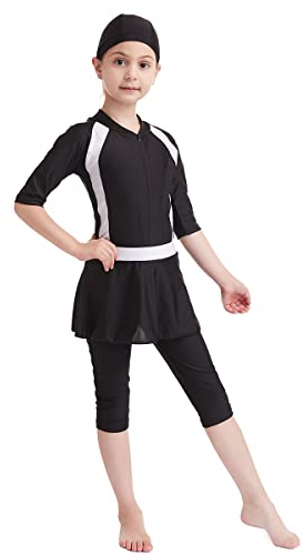 Mädchen Bescheidene Muslimische Bademode Burkini UPF 50+ Einteiler Badeanzug Rock Badekappe 3tlg Islamischer Hijab Kinder Modest Islamische Schwimmanzug UV Schutz Anzug Surfanzug Schwarz 9-10 Jahre