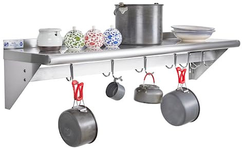 HALLY Edelstahl-Regal mit 6 Haken, 30,5 x 121,9 cm, Wandmontage, schwebendes Regal für die Aufbewahrung von Hängetöpfen, Pfannen, Kochgeschirr in Restaurant, Küche, Haus und Hotel