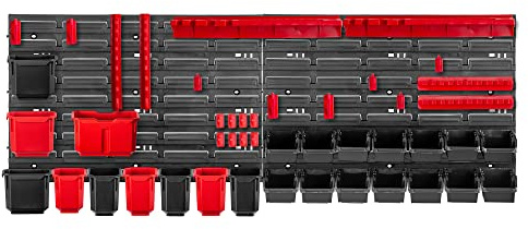 KADAX Werkstattregal, 116x39cm Werkzeugwandregal aus robustem Kunststoff, UV-Resistentes Lagersystem, Erweiterbare Wandplatten, Werkstatt oder Garten (Rot & Schwarz, 46 TLG.)
