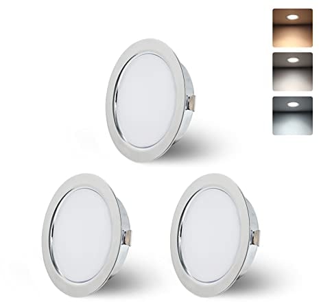 KYOTECH LED Möbeleinbauleuchte 230V 4W 3 Farbtemperatur 3000K/4000K/6000K G4 LED 300LM Leuchtmittel Möbel Einbaustrahler, Bohrloch 55-58mm und 20mm Flache, Edelstahl gebürstet chrom-3er Set