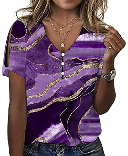 KCatsy Women Marble Pattern Graphic Slit Short Sleeve Print Button Embellished V-Neck Loose Summer Top Tee Blouse T-Shirt Shirt I Purple S 8