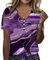 KCatsy Women Marble Pattern Graphic Slit Short Sleeve Print Button Embellished V-Neck Loose Summer Top Tee Blouse T-Shirt Shirt I Purple S 8