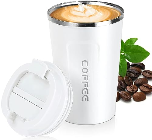 Darryy Tasse à Café Isotherme 380ml Réutilisable, de Voyage Avec Couvercle - Pour Étudiants, Employés de Bureau et Sportifs, Blanc