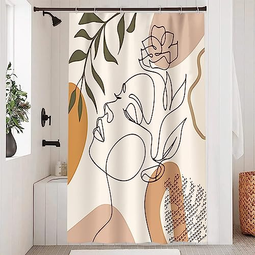 Uiiooazy Duschvorhang Boho, Duschvorhang 120x200cm Anti Schimmel Abstrakt Frau Gesichter Grüne Blätter Duschvorhänge Stoff Waschbar Wasserdicht Polyester Bad Vorhang mit 8 Haken für Badezimmer