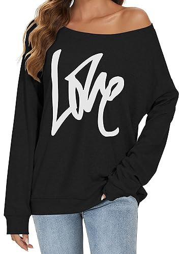 florynova Women's Off One Shoulder Tops Long Sleeve Plus Size Sweatshirt Slouchy Baggy Pullover Sweater(Black, M)