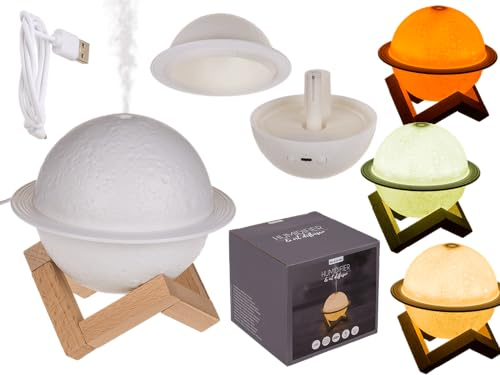 Luftbefeuchter/Öl-Diffuser, Planet, mit Holzstand, 3 Leuchtstufen & USB-Kabel, für ca. 110 ml, ca. 13,8 x 10,5 cm, aus Kunststoff, im Geschenkkarton, Weiß
