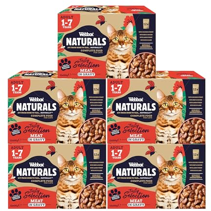 Webbox Naturals Complete Adult Wet Cat Food, 60 x Meat in Gravy Variety Pack - Made with Natural Ingredients and No Nasties (60 x 100g Pouches)