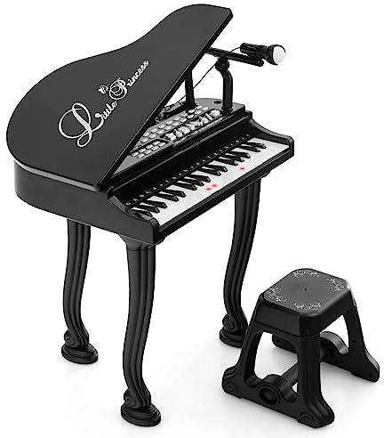 GOPLUS Kinder Keyboard mit 37 Tasten, Mini E-Piano mit LED Lichter, Mehreren Sounds, verstellbarem Mikrofon & Hocker, Elektronisches Klavier für Mädchen & Junge ab 3 Jahre (Schwarz)