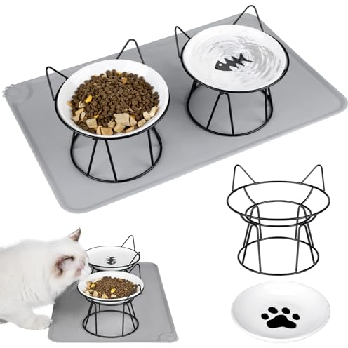 Vyuwast Cat Bowls with Stand Tilted, Raised Cat Feeding Bowls Flat Ceramic Anti Vomiting Dog Bowls with 15°Anti Vomiting Cat Feeder Stand with Pet Bowl Mat Cat Dishes for Food and Water Bowls(Black)
