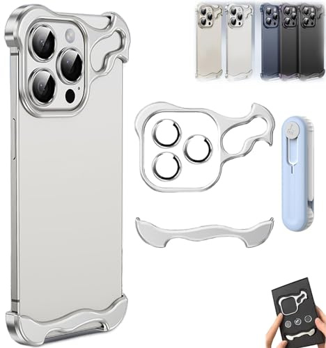 Special-Shaped Metal Corner Pad Anti-Fall Phone Case Suitable for iPhone 15 14 13 Pro Max, Frameless Aluminum Alloy Metal Corner Pad Anti-Fall Phone Case with Lens Protective Film (Sliver,14Pro Max)