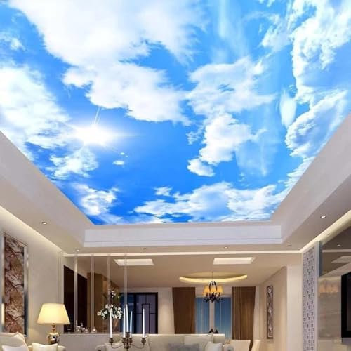 YYZOVBNN Papier peint mural 3d ciel bleu nuages blancs rayons de soleil, grande fresque pour plafond, décoration artistique de fond zénith