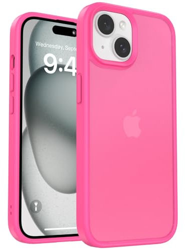 Kmofizle Matte Phone Case for iPhone 15 Case and 2X HD Screen Protector, Shockproof Military Grade Drop Protection, Frosted Translucent Back iPhone 15 Phone Cover, Anti-Fingerprint, Hot Pink