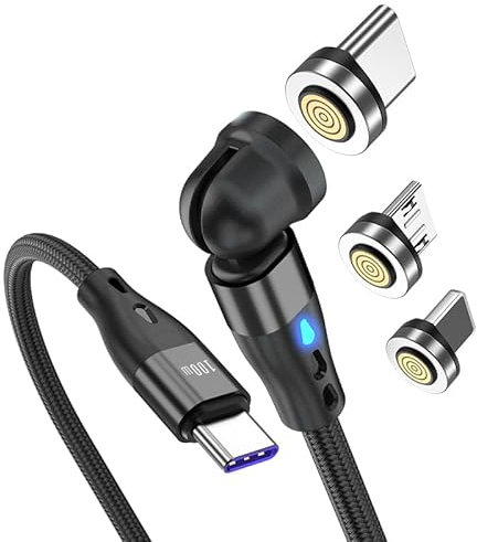 REFLEX POWER 1M, PD 100W, Magnetic Charging Cable T7Pin 540 Degree 3-in-1 USB Fast Charger Cable with Magnetic Lightning/Micro USB/Type-C Connectors, Compatible with iPhone/iPad/Android