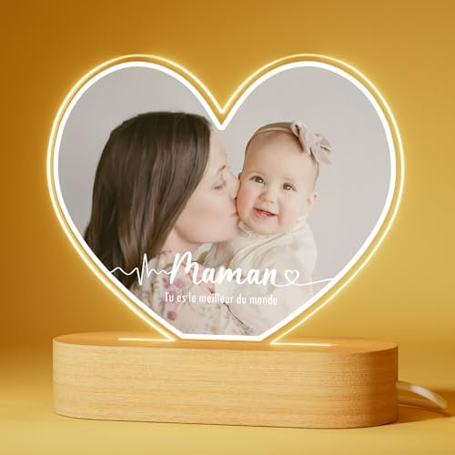 Bemaystar Cadeau Personnalisé Fête des Mères - Cadeau Maman - Lampe Personnalisée avec Photo et Texte - Cadre Maman Verre Acrylique avec Socle LED en Option