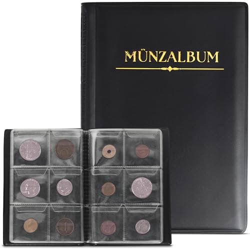 Münzalbum – Hochwertige 2 Euro Münzen Aufbewahrung, Sammelalbum für Münzen, Kunstleder Coinalbum für Münzsammlung und Geldwährung | 60 Taschen (4,5 X 4,5 Cm Pro Raster)